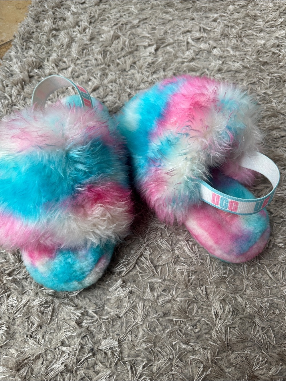 UGG Tie-Dye Faux Fur Slide Slippers - Pink & Blue